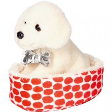 Mini Chien peluche dans panier rouge