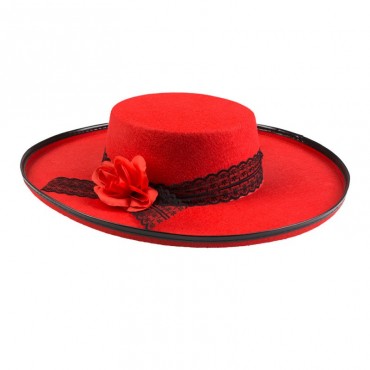 Chapeau de Senorita espagnole noir et pompons rouges