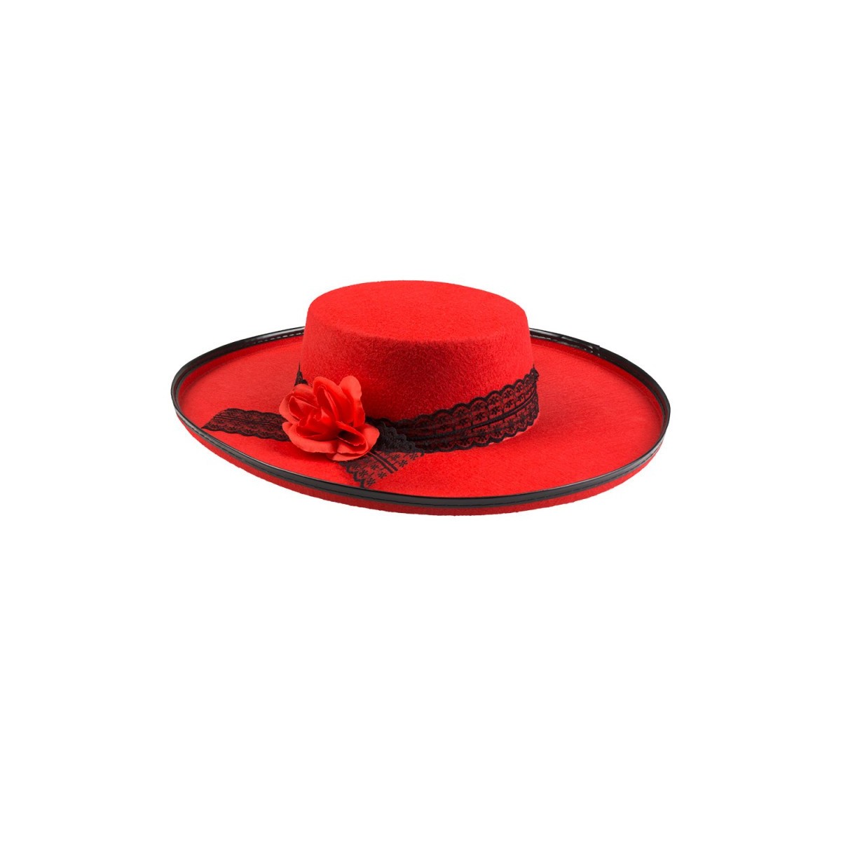 Chapeau de Senorita espagnole noir et pompons rouges