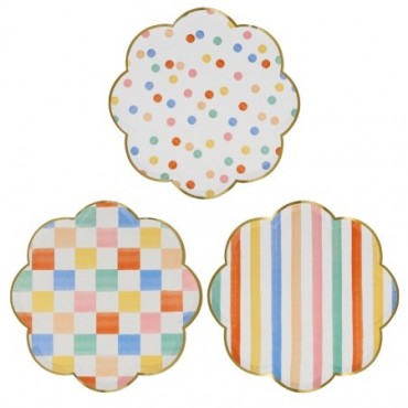 Assortiment de 8 grandes assiettes multicolores (3 motifs)