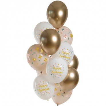 12 Ballons Happy Birthday fleuris